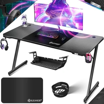 Abbildung von KESSER® Gaming Tisch 160cm x 60cm Z Form Gamer Schreibtisch Kopfhörerhaken &amp; Kohlebeschichtung Ergonomischer PC Computertisch Stabiler mit Getränkehalter Schwarz