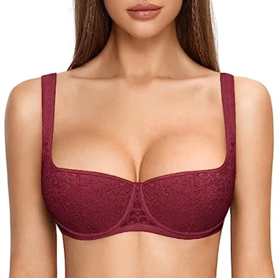 Abbildung von DOBREVA Damen Push Up BH Dirndl Bügel Balconette Spitzen Sexy Leicht Gepolstert Große Größen Dunkelrot 90B