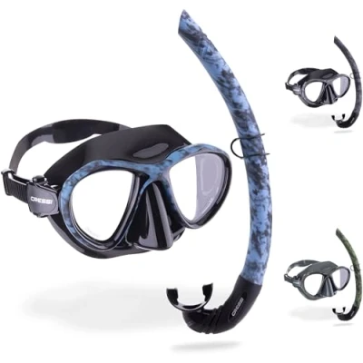 Abbildung von Cressi Metis &amp; Corsica Camouflage Kombi Set zum Angeln und Freitauchen, Maske Korsika Schnorchel, Tarnblau, Einheitsgröße, Unisex Erwachsene
