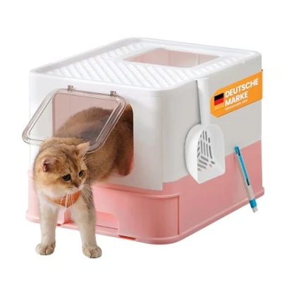 Abbildung von Feandrea Katzenklo, Katzentoilette, mit Deckel, ausziehbares Tablett, geräumig für Katzen bis 15 kg, weniger Spuren, auslaufsicherer Boden, weiß pastellrosa PPT001P01