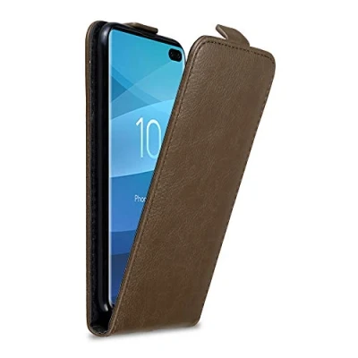 Abbildung von Cadorabo Hülle kompatibel mit Samsung Galaxy S10 Plus Flip Design aus Premium Kunst Leder Klappbare Stoßfeste Magnetische Cover für Tasche in Braun