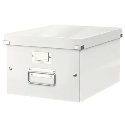Abbildung von Leitz Click &amp; Store Aufbewahrungsbox mit Deckel Mittel Groß, Box für Unterlagen bis A4 im Büro u. Haushalt, Transportbox aus 85 % recycelter Premium Hartpappe, Stabile Metallgriffe, Weiß, 60440001