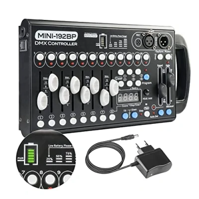 Abbildung von Dmx Controll Lichtmischpult Controller Eingebaute Batterie 192 Kanäle Konsole, Lichtmixer 512 Musikgesteuert Akku Lichtpult Pult für Moving Head Partylicht Controler