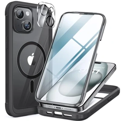 Abbildung von Miracase 360 Grad für iPhone 15 Hülle mit Magsafe, Eingebaut Glas Schutzfolie, Komplettschutz HandyHülle Magnetisch Stoßfest Case Schutzhüllen 6,1 Zoll, Schwarz