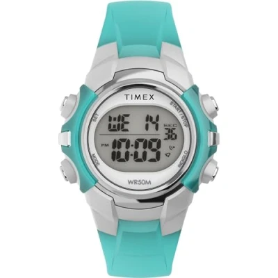 Abbildung von Timex Sport Unisex Armbanduhr, 33 mm, blaues Kunstharzarmband, digitales Zifferblatt, silberfarbenes Gehäuse TW5M61400
