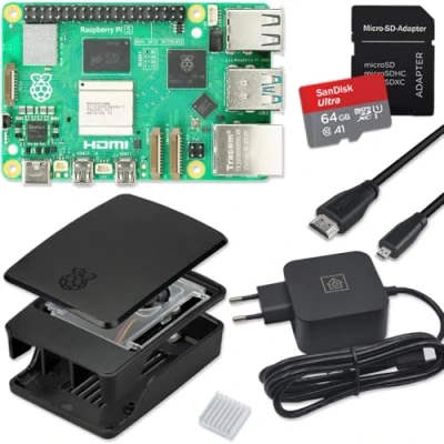Abbildung von Raspberry Pi 5 8GB Starter Kit schwarz USB C 45W Netzteil Gehäuse mit Lüfter 64GB SD Karte 4K Micro HDMI Kabel RAM