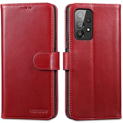 Abbildung von LENSUN Lederhülle für Samsung Galaxy A53, Echtleder Hülle [Echtes Leder] [Magnetverschluss] [RFID Schutz] Handyhülle Handytasche A53 5G Weinrot