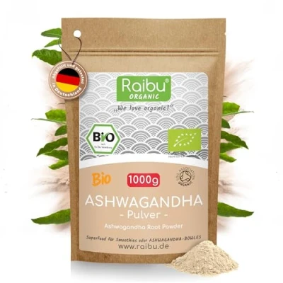 Abbildung von Raibu Bio Ashwagandha Pulver 1000g Withania somnifera 100% Rein, Wurzel Indischer Ginseng in hochwertiger Qualität Ohne Zusätze, produziert Deutschland