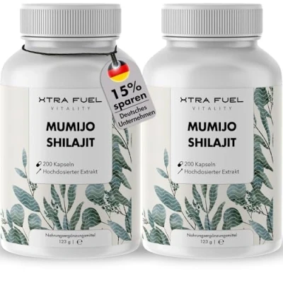 Abbildung von Shilajit Original Kapseln 1000mg Tagesdosis 400 (hochdosiert) Mumijo Extrakt (10:1 Formel) 80% Fulvinsäure, 12% Huminsäure, +85 Mineralien Vegan + Geprüft (2er Pack)