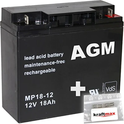 Abbildung von kraftmax 1x AGM 12V / 18Ah Blei Akku MP18 12 [ M5 Bolzen inkl. Schraube und Mutter ] VDs geprüft 2X Original Anschluß Adapter