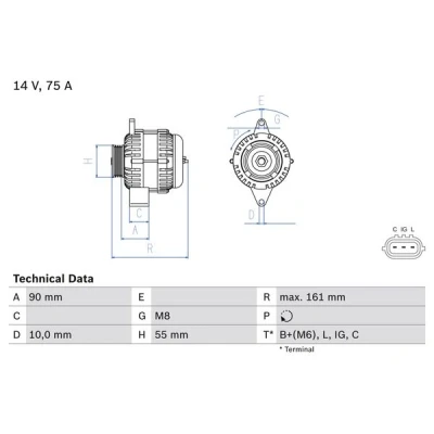 Abbildung von BOSCH 0 986 082 900 Lichtmaschine 14V 75A SUZUKI: Jimny SUV, SWIFT 3, IGNIS 2