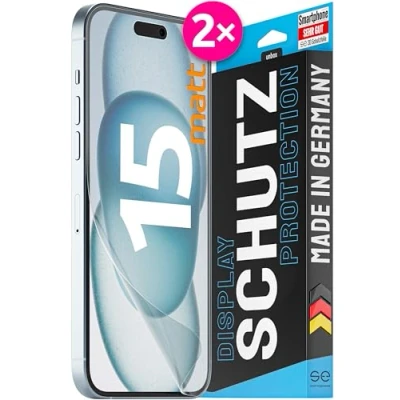 Abbildung von 2x se® 3D SCHUTZFOLIE Entspiegelt für Apple iPhone 15 ,Matt, 100% Fingerabdruck &amp; FaceID kompatibel, Anti Fingerabdrücke, einfache blasenfreie Installation, Stoß Kratzfest, produziert in Deutschland