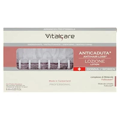 Abbildung von Vitalcare Swiss Anti Haarausfall Behandlung für Frauen, energetisierend, restrukturierend, mit Follicusan Molekülkomplex, 10 Flaschen Frauen à 6 ml, praktischem Spender