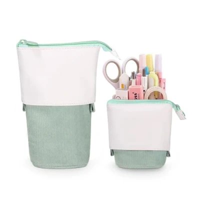 Abbildung von Xespis Federmäppchen Reißverschluss, Teleskopisch Mäppchen, 2 in 1 Standmäppchen, Federtasche Mädchen, Schüttelpenal Teenager, für Junge Mädchen Geschenke 7 8 9 10 11 12 Jahre(Grüner Cord)