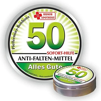 Abbildung von Pfefferminz Bonbon Metalldose Zum 50. Geburtstag, Anti Falten Mittel Alles Gute Soforthilfe Humorapotheke Spaßmedizin Humormedizin Pfefferminzdragees Dose Blechdose Pillendose