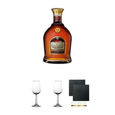 Abbildung von Ararat Prazdnichny 15 Jahre Brandy 0,5 Liter + 2 Bugatti Nosing Gläser mit Eichstrich 2cl und 4cl Schiefer Glasuntersetzer eckig ca. 9,5 cm Ø