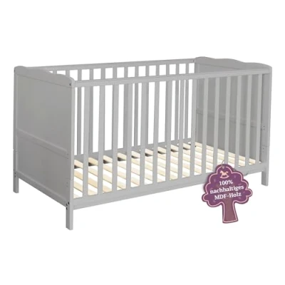 Abbildung von Puckdaddy Nele Babybett 140x70 cm Umbau Bett in Grau aus MDF und Holz höhenverstellbares Gitterbett mit herausnehmbaren Sprossen Kinderbett von 0 5 Jahren