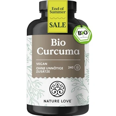 Abbildung von NATURE LOVE Bio Curcuma 240 Kapseln mit Curcumin aus Kurkuma und Piperin schwarzem Pfeffer hochdosiert, vegan, laborgeprüft in Deutschland hergestellt