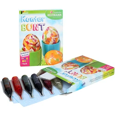 Abbildung von Heitmann 18 teiliges Set Eierfarben, flüssige Bunte Eierfarben für weiße und braune Eier (30ml Flüssigfarbe Kunterbunt)