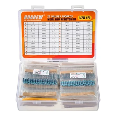 Abbildung von HUAREW Widerstände Sortiment Kit 1Ohm 1M Ohm 1/2W Metallfilm Wiederständer Wiederstand Vorwiderstand Resistors Resistor Kit(25 Werte 1000 Stück)