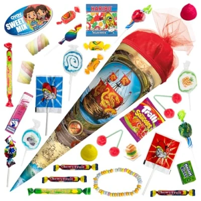 Abbildung von OYOY 35cm Schultüte gefüllt mit Süßigkeiten Mix I ROTH Piratenschiff gefüllte Zuckertüte Jungen Geschenke zur Einschulung