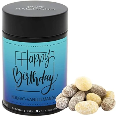 Abbildung von Hallingers Happy Birthday Nougat schokolierte Vanille Mandeln handgemacht (Dose) Adventskalender Neuheiten &amp; befüllen Geburtstag Glückwunsch Jahrestag Glückwünsche Neues Zuhause