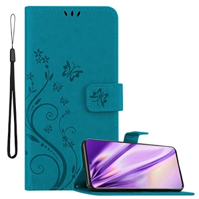 Abbildung von Cadorabo Hülle kompatibel mit Samsung Galaxy S20 Blumen Design aus Premium Kunst Leder Flip Klappbare Stoßfeste Magnetische [Standfunktion] [Kartenfächern] Cover für Tasche in Blau