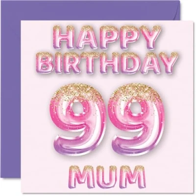 Abbildung von Stuff4 Geburtstagskarte zum 99. Geburtstag für Mama rosa &amp; lila Glitzerballons Happy Birthday Karten 99 Jahre alte Mutter, Mutter vom Sohn, Tochter, 145 mm x