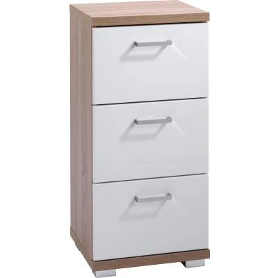 Abbildung von byLIVING Seitenschrank Nebraska/Sonoma Eiche Optik hell braun / 3 Schubkästen Hochglanz weiß lackiert/Kleiner Badschrank mit Schubladen und silberfarbenen Griffen/B 35,5, H 74, T 31,5 cm