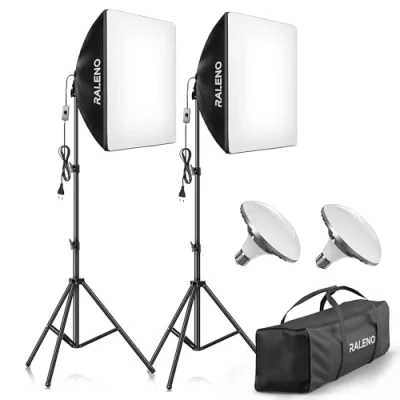 Abbildung von RALENO Softboxen, 2 x 50 W LED Softbox Fotostudio Set, cm Fotolicht mit 5500 K Glühbirne und Stativ für Porträtfotografie, Game Streaming, YouTube Videofotografie, Modell: PS70