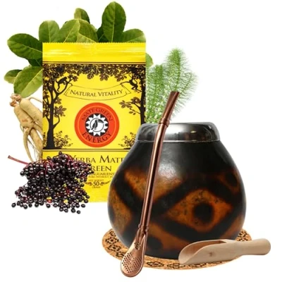 Abbildung von Yerba Mate Tee Set mit natürlicher Kalebasse Diamante ● Kürbistasse und Strohhalm Edelstahl Bombilla Green Energy 50g Gourd Accessories