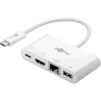 Abbildung von Goobay 62105 USB C Hub Multiport Verteiler 60W PD / 4 Port USBC auf 1x HDMI A 3.0 RJ45 Ethernet Buchse Typ Adapter MacBook iPhone Weiß