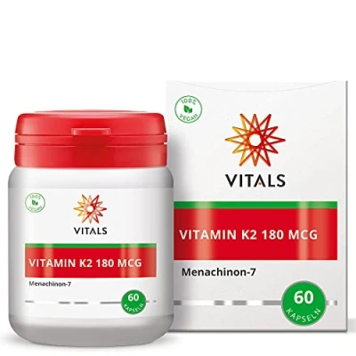 Abbildung von Vitals Vitamin K2 180mcg, 60 Kapseln. in der überlegenen Form von Menachinon 7 (MK 7). Enthält K2VitalDelta, das eine sehr hohe Stabilität aufweist.
