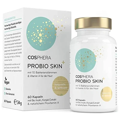 Abbildung von Probio Skin Kapseln Hochdosiertes Probiotikum Vegan I Probiotika &amp; Präbiotika Angereichert mit Bio Inulin, Vitamin A und Konjak Wurzelextrakt 60