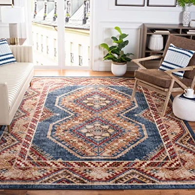 Abbildung von SAFAVIEH Traditionell Distressed Teppich für Wohnzimmer, Esszimmer, Schlafzimmer Bijar Collection, Kurzer Flor, Königsblau und Rost, 91 X 152 cm