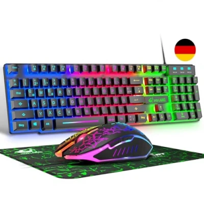 Abbildung von QWERTZ Deutsches DE Layout Kabelgebundene Gaming Tastatur und Maus Set 104 Tasten LED Regenbogen Farben Beleuchtete 2400 DPI 6 kompatibel mit PC PS5 PS4 Xbox Schwarze