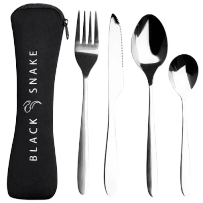 Abbildung von Camping Besteck 4 tlg. Gabel. Messer. 2 Löffel inkl. Tasche Stahl
