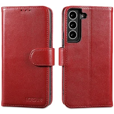 Abbildung von LENSUN Echtleder Hülle für Samsung Galaxy S22, Handyhülle Echt Leder Cover mit [Magnetverschluss] [RFID Schutz] Handytasche Lederhülle S22 5G Weinrot