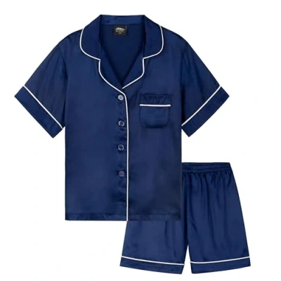 Abbildung von CityComfort Silk Pyjama Set für Mädchen, Kurze Schlafanzughose &amp; Kurzärmliges Oberteil mit Kragen Knopfleiste Geschenke Mädchen (Dunkelblau, 7 8 Jahre)