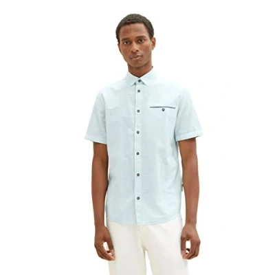 Abbildung von TOM TAILOR Herren 1036224 Kurzarm Hemd mit Brusttasche, 31811 Turquoise White Structure, XXL