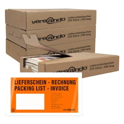 Abbildung von versando 4x 250 Lieferscheintaschen DIN lang selbstklebend Dokumententaschen Begleitpapiertaschen orange/schwarz bedruckt: &quot;Lieferschein/Rechnung&quot; in Spenderbox