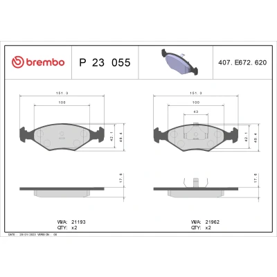 Abbildung von BREMBO P 23 055 Bremsbelagsatz exkl. Verschleißwarnkontakt ohne Zubehör FIAT: Fiorino II Kastenwagen