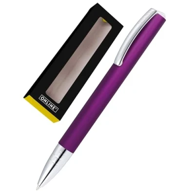 Abbildung von ONLINE Kugelschreiber Vision Purple I Drehkugelschreiber mit Standard Großraummine in Strichstärke medium, Schreibfarbe Schwarz Eleganter Kuli aus Aluminium Geschenkbox