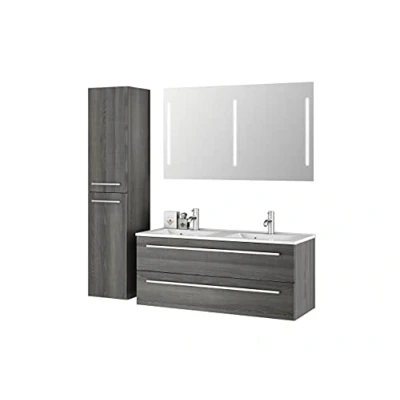 Abbildung von Sieper I Badmöbel Set Libato, Doppelwaschtisch mit Unterschrank 120 x 50 cm, Hochschrank und Badspiegel Pinie Schwarz