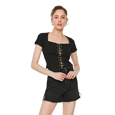 Abbildung von TRENDYOL Damen Ticker vierkante kraag crop gebreide Blouse, Schwarz, L EU