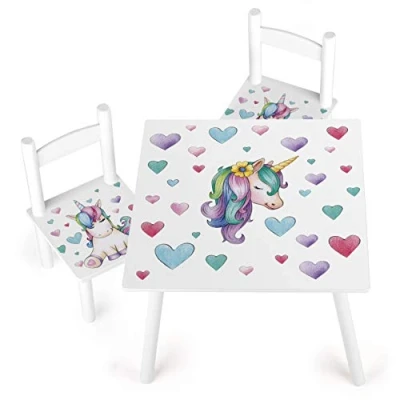 Abbildung von Leomark Weiß Holz Kindertisch und 2 Stühle Einhorn Tisch Kinderstuhl für Kinder, Kindersitzgruppe, Sitzgruppe mit UV Aufdruck, Mehrfarbig Tischgarnitur, Dim: 60x60x42 (H) cm