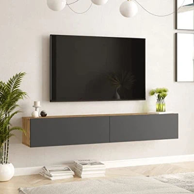 Abbildung von [en.casa] TV Hängeboard Lapinlahti Lowboard Hängeschrank 180 cm Board Fernsehtisch Wandregal hängend Eiche rustikal/Anthrazit