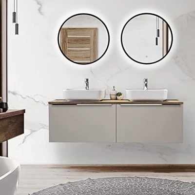Abbildung von Lomadox Badmöbel Komplett Set Taupe mit Vintage Eiche, 160cm Doppel Waschtischunterschrank 2 Keramik Waschbecken, LED Spiegel 60cm