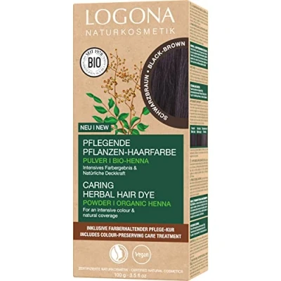 Abbildung von LOGONA Naturkosmetik Pflegende pflanzliche Haarfarbe, Veganes Haarfarbe Pulver mit Bio Henna für intensive Farbe und Glanz, Pflanzenhaarfarbe in Schwarzbraun (Braun), 1 x 100g