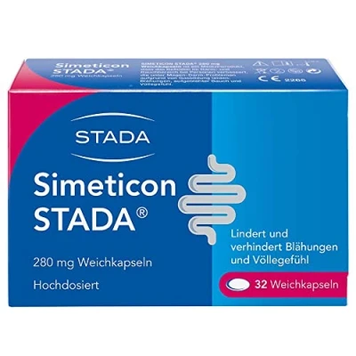 Abbildung von SIMETICON STADA 280mg Medizinprodukt zur Linderung gasbedingter Beschwerden wie Bauchkrämpfe, Blähungen und Völlegefühl 1 x 32 Weichkapseln